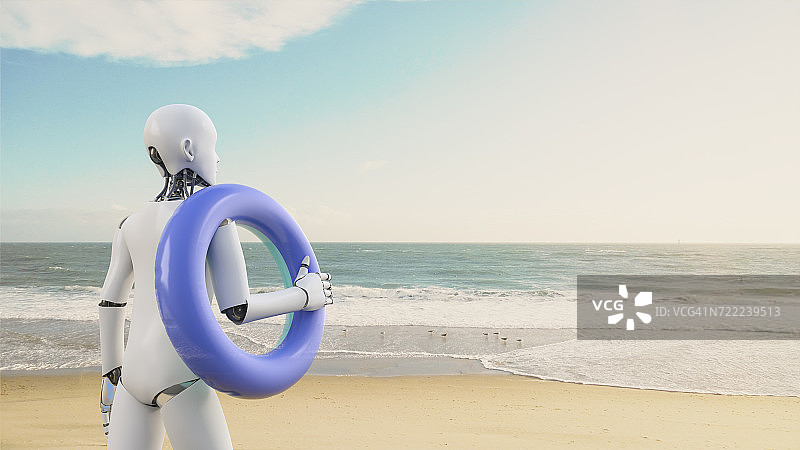 机器人在海滩上手持漂浮的轮胎3D渲染图片素材