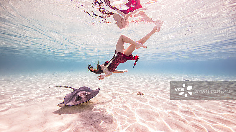 女子自由潜水员在海床附近与黄貂鱼一起游泳图片素材