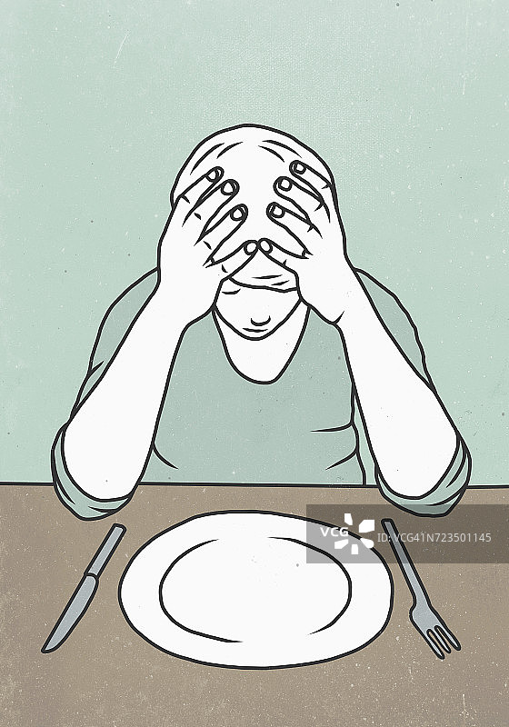 男人在餐桌旁双手抱头的插画图片素材
