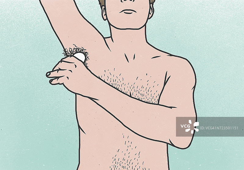 男子在彩色背景下在腋下涂抹除臭剂图片素材