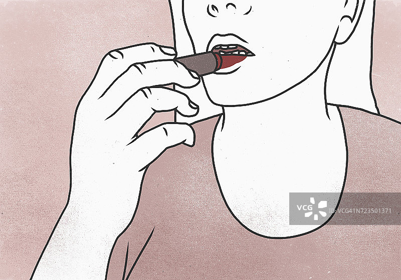 女性涂抹红色唇膏的局部照片图片素材