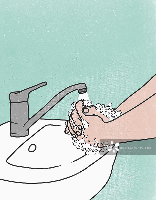 一个人在彩色背景下在水槽里洗手的特写图片素材