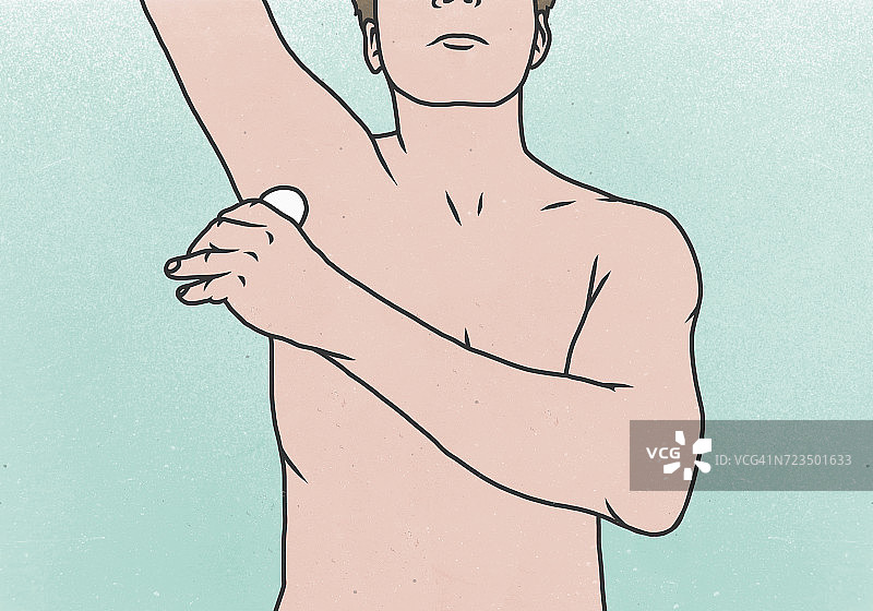 男子在彩色背景下在腋下涂抹除臭剂图片素材