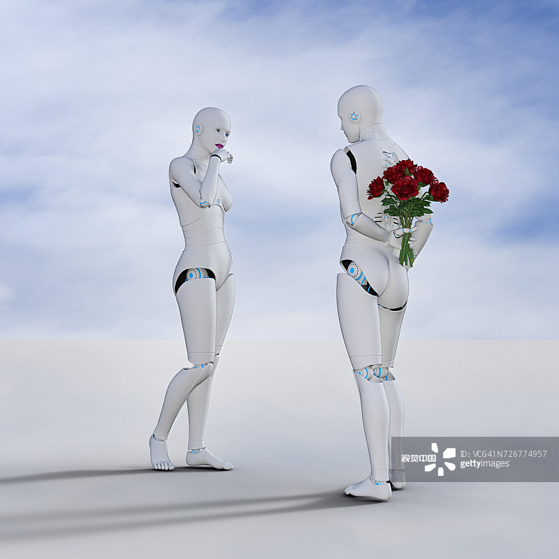 机器人男人用玫瑰花束给女人带来惊喜图片素材