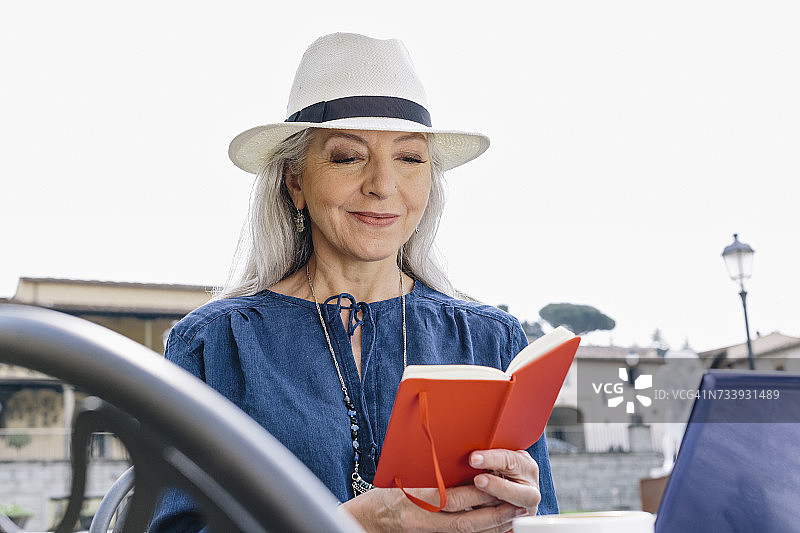 中年妇女在咖啡馆看笔记本电脑图片素材