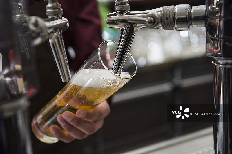 双手在啤酒龙头前倒酒图片素材