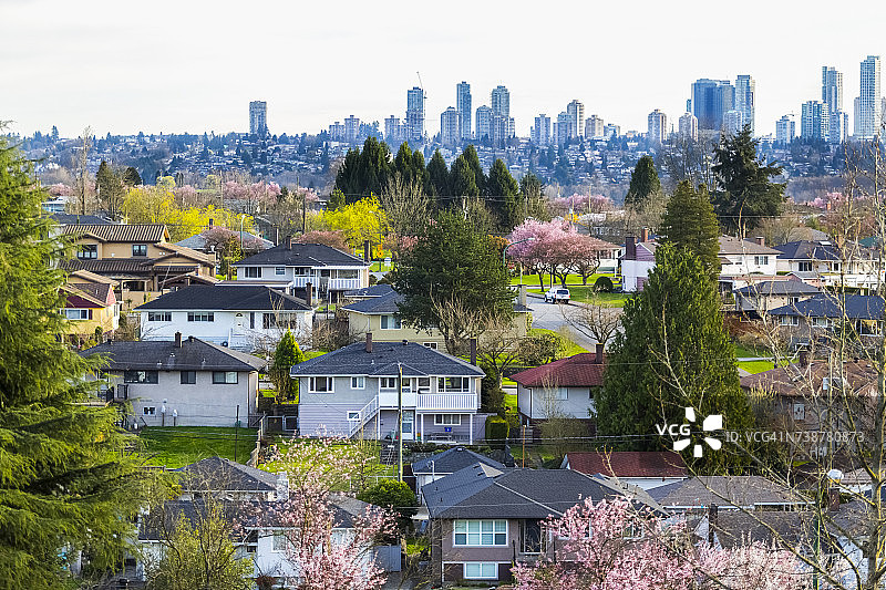 北本拿比郊区,可俯瞰本拿比市中心,早春景象,大温哥华地区的一部分,房地产和开发蓬勃发展的焦点图片素材