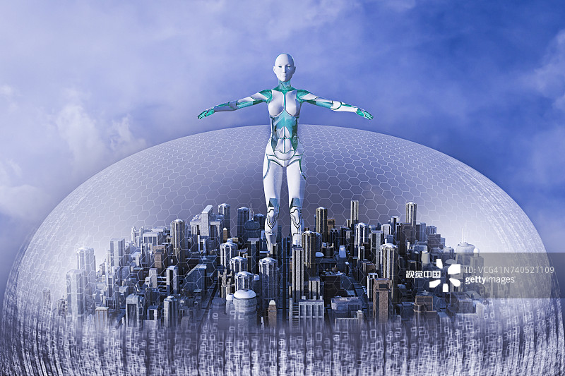 站在城市球体中的机器人女性图片素材