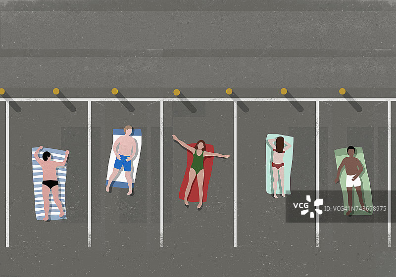 在停车场晒日光浴的人群的俯视角度照片图片素材