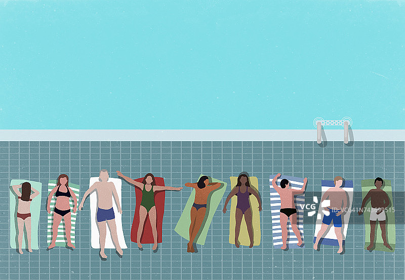 在游泳池边放松的人群的俯视图图片素材