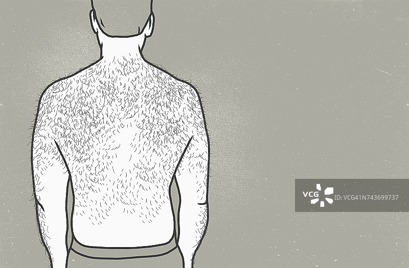 灰色背景下的背部多毛男子（后视图）图片素材