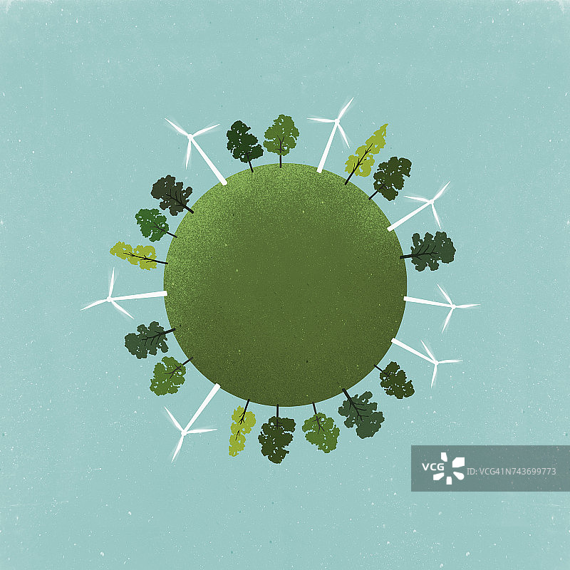 田野风车与树木的小星球全景图片素材