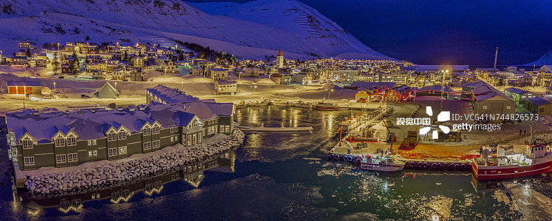 锡格洛酒店，位于冰岛北部锡格吕菲厄泽海港和小镇。无人机拍摄。图片素材