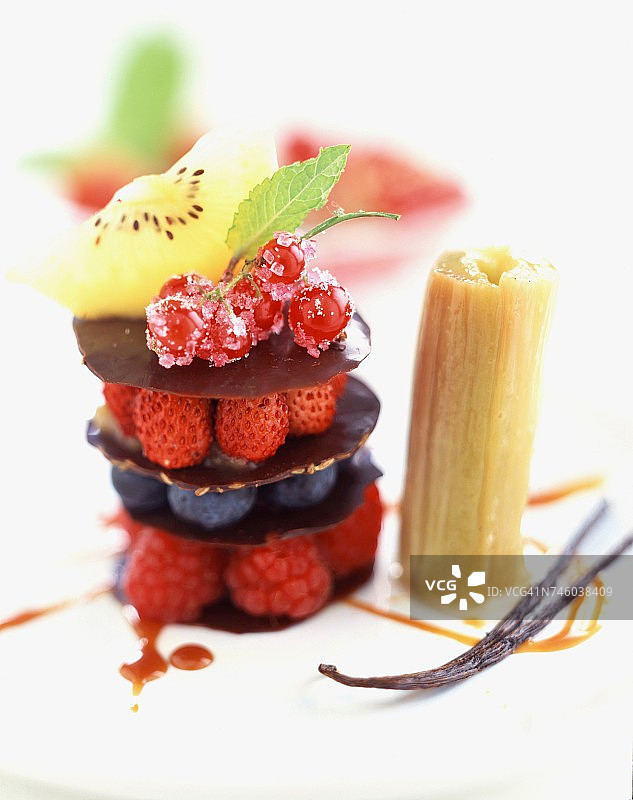 夏季水果巧克力炖大黄分层甜点图片素材