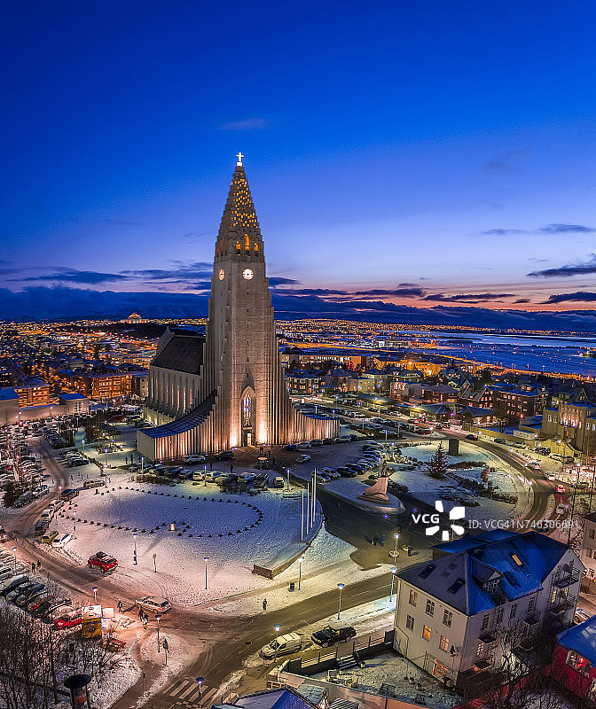 冰岛雷克雅未克哈尔格林姆斯教堂（无人机拍摄）图片素材