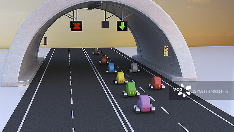 3D渲染：隧道中跟随绿色箭头的汽车图片素材