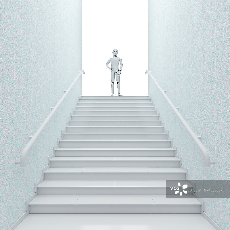 机器人站在楼梯顶部的3D渲染图图片素材