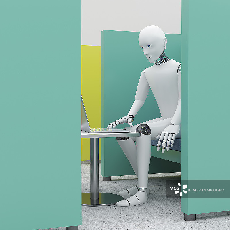 机器人在办公室隔间使用笔记本电脑，3d渲染图片素材