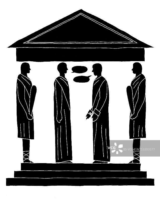 希腊神庙和四个人物插画图片素材