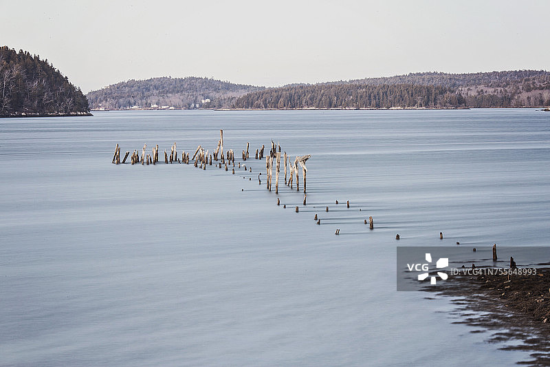 美国缅因州菲普斯堡海岸线附近的旧码头桩柱图片素材