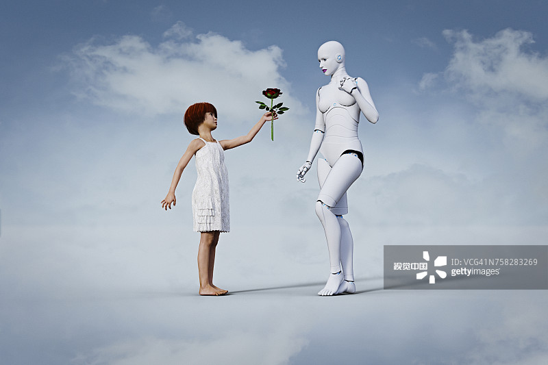 女孩给机器人女子递面粉图片素材