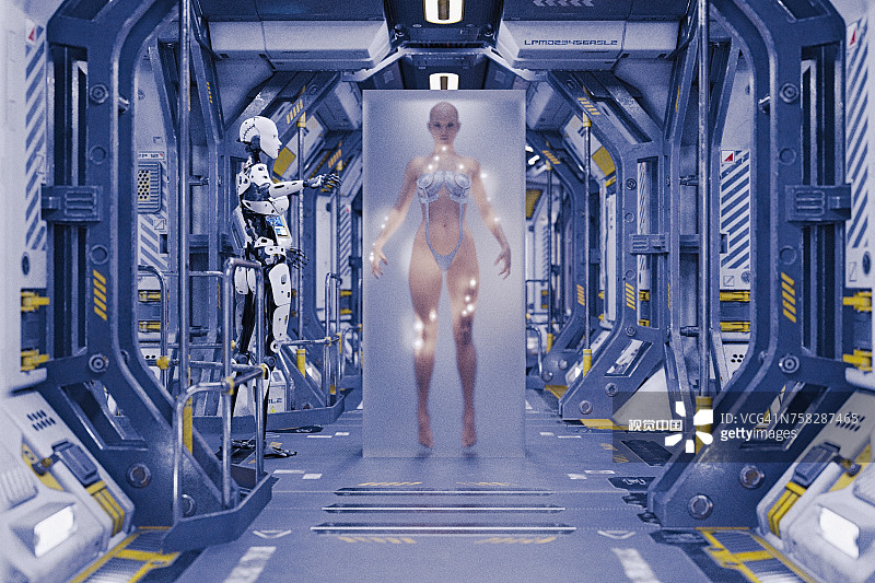 机器人观看处于假死状态的女子图片素材