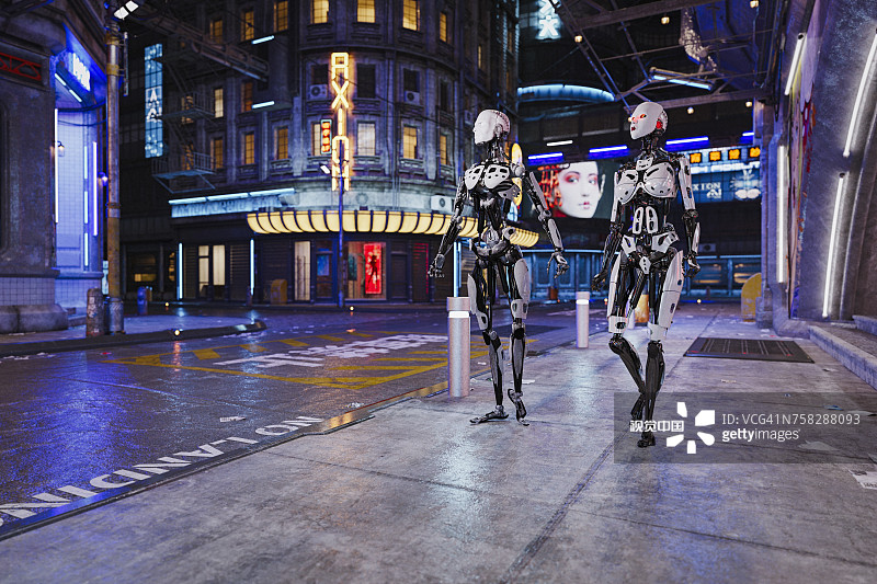 未来城市中行走的机器人情侣图片素材