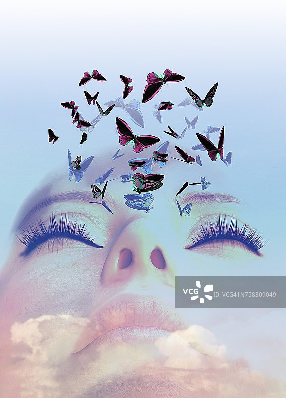 梦见蝴蝶的沉睡女人插画图片素材