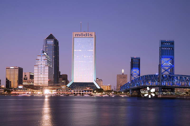 佛罗里达州杰克逊维尔的黄昏天际线，包括圣约翰河和主街大桥图片素材