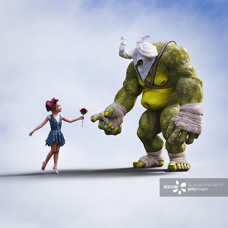 女孩给巨型食人魔送花图片素材