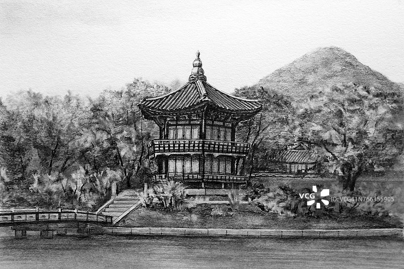 景福宫香远亭铅笔画图片素材