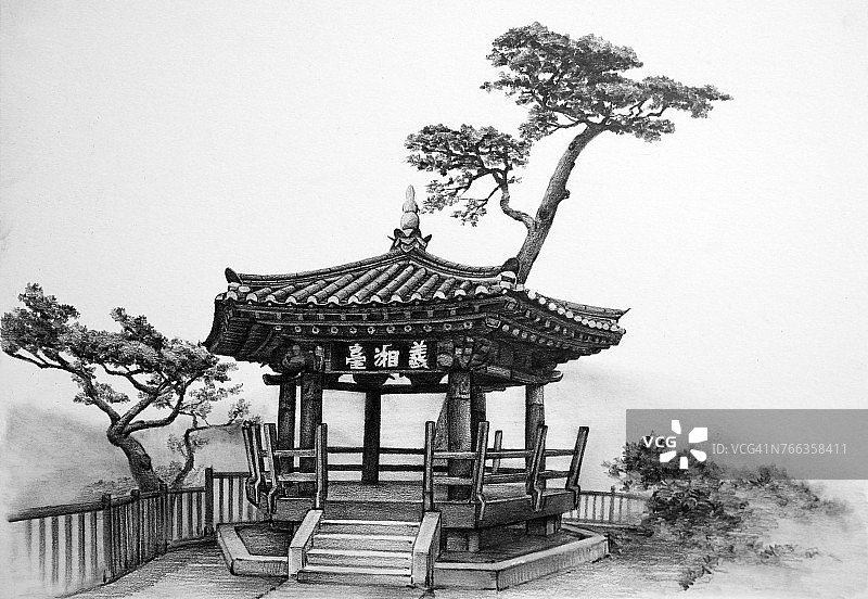 洛山寺铅笔画图片素材