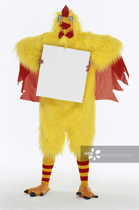 穿着小鸡服装的人举着标牌图片素材