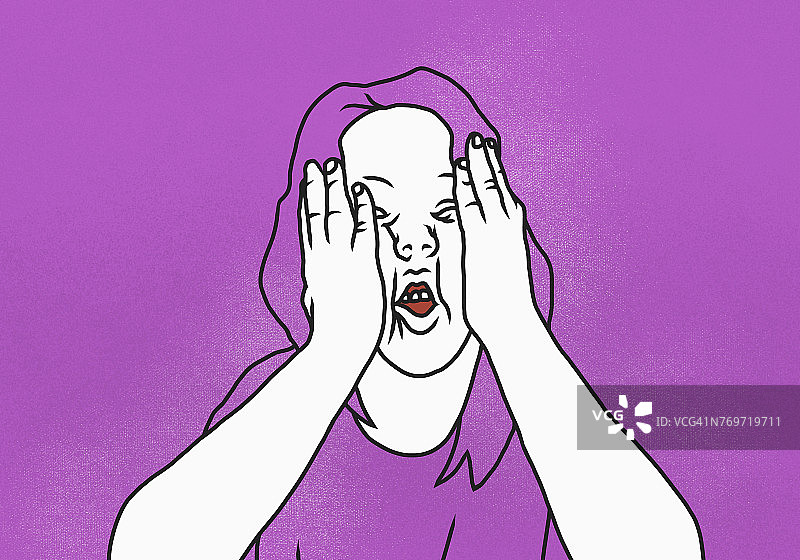 双手抱头的妇女插画（粉色背景）图片素材