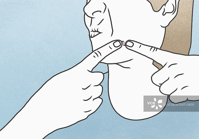 女人在蓝色背景下挤痘痘的插画图片素材