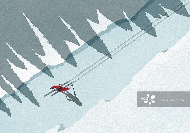 男人在阳光明媚的冬日滑雪插画图片素材