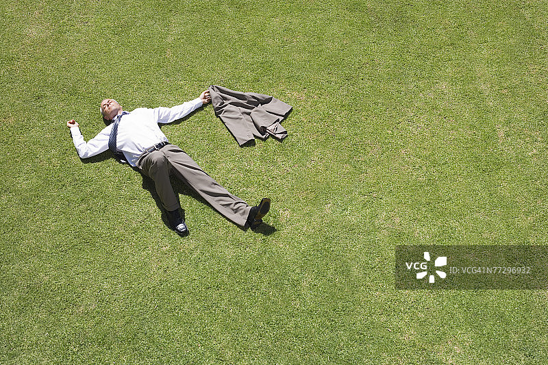 商务人士躺在草地上的高角度视图图片素材