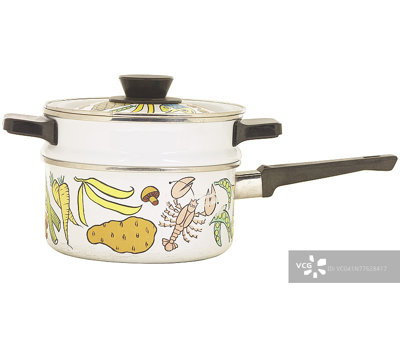 金属平底锅上的彩绘蔬菜图片素材