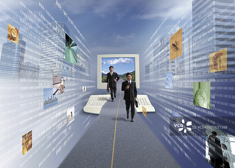 商人和电脑蒙太奇图片素材