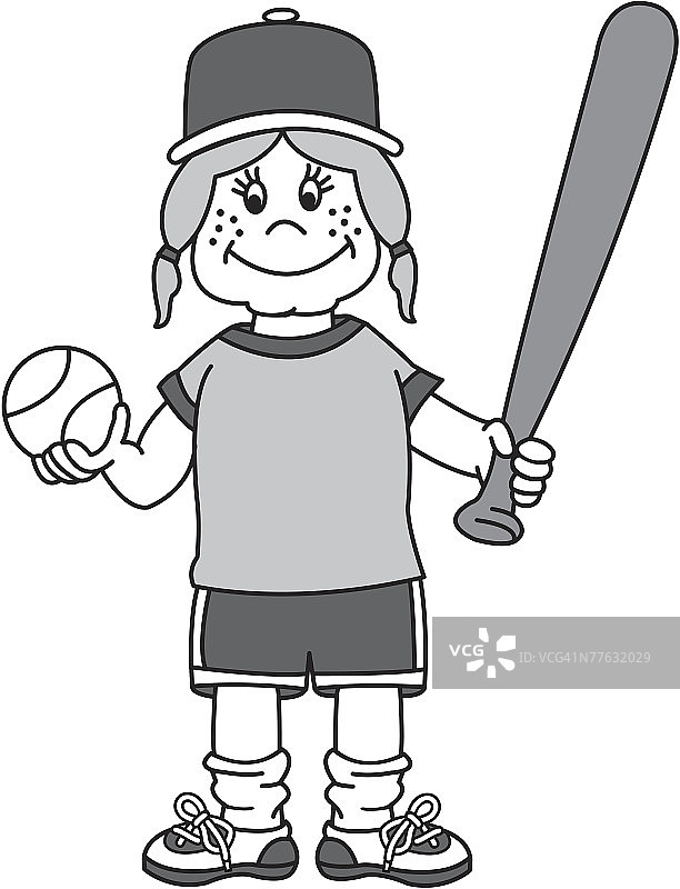 拿着棒球和球棒的年轻雀斑女孩图片素材