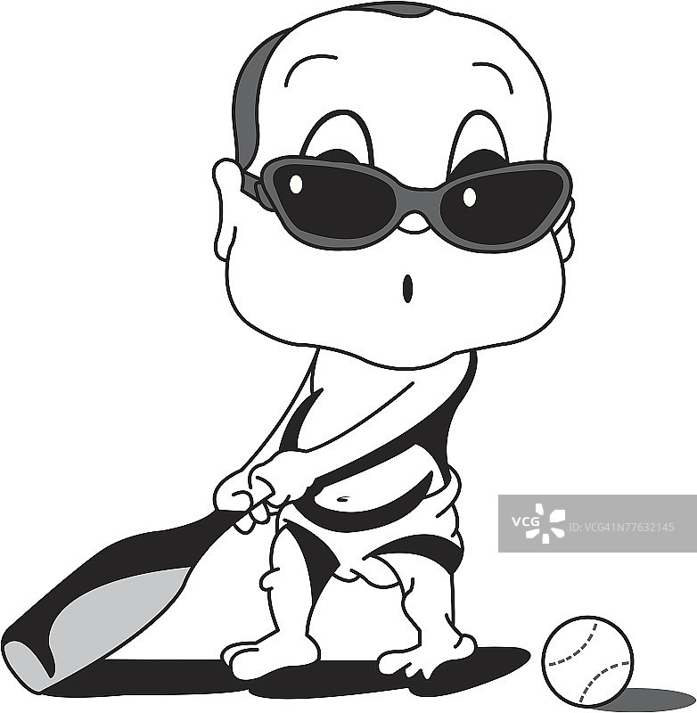 戴着太阳镜拿着球棒的婴儿图片素材