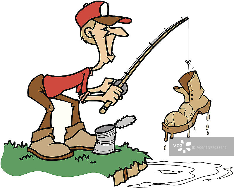 男人钓鱼钓到一只靴子图片素材
