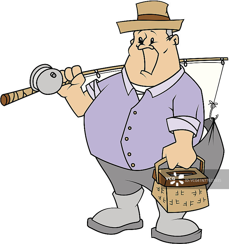 带着渔具，裤子被鱼钩钩住的男人图片素材