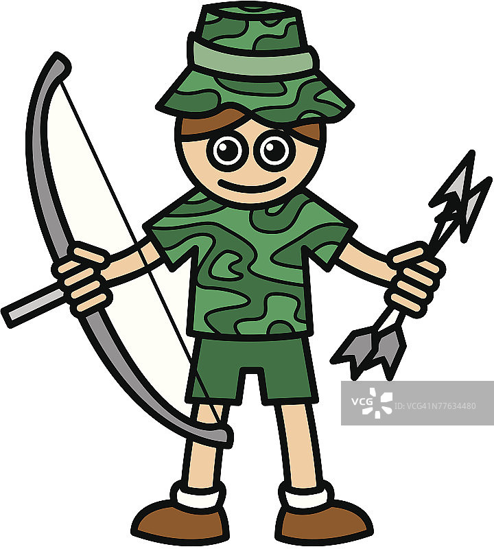 身穿迷彩服的猎人手持弓箭图片素材