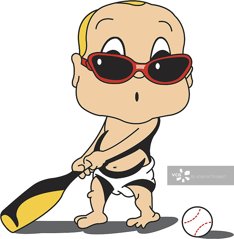 戴着太阳镜拿着球棒的婴儿图片素材