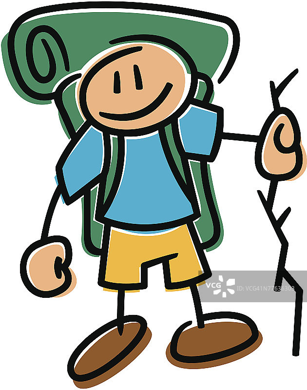 携带背包和步行杖的火柴人图片素材