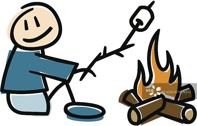 火柴人在篝火上烤棉花糖图片素材