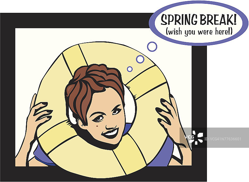 春假！（真希望你在这里！）女孩从内胎里向外看的标志图片素材
