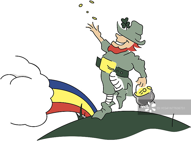 小妖精在彩虹旁边扔金子图片素材