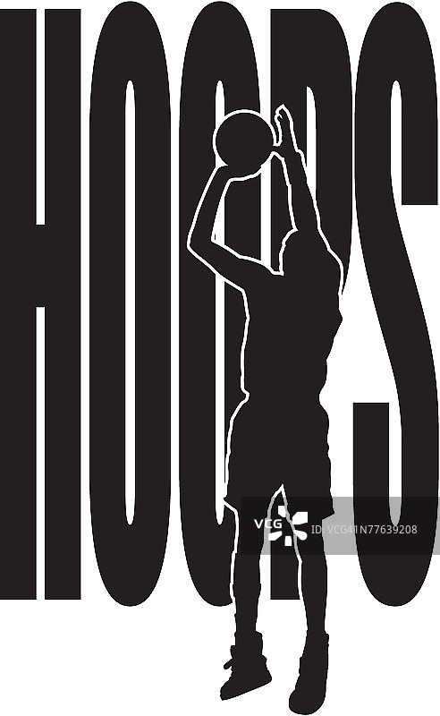 篮球运动员剪影，背景为“Hoops”字样图片素材